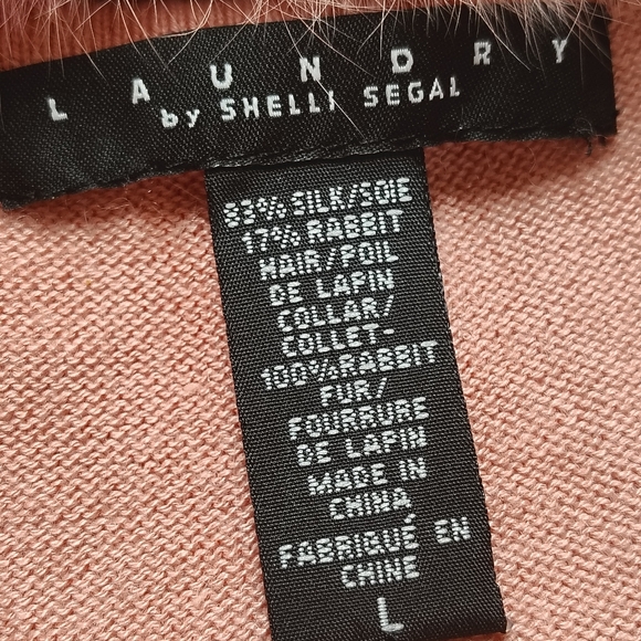 Laundry Shelli Segal Silk Rabbit Fur Sweater Women's Large Pink Fur Collar Soft - Picture 3 of 10